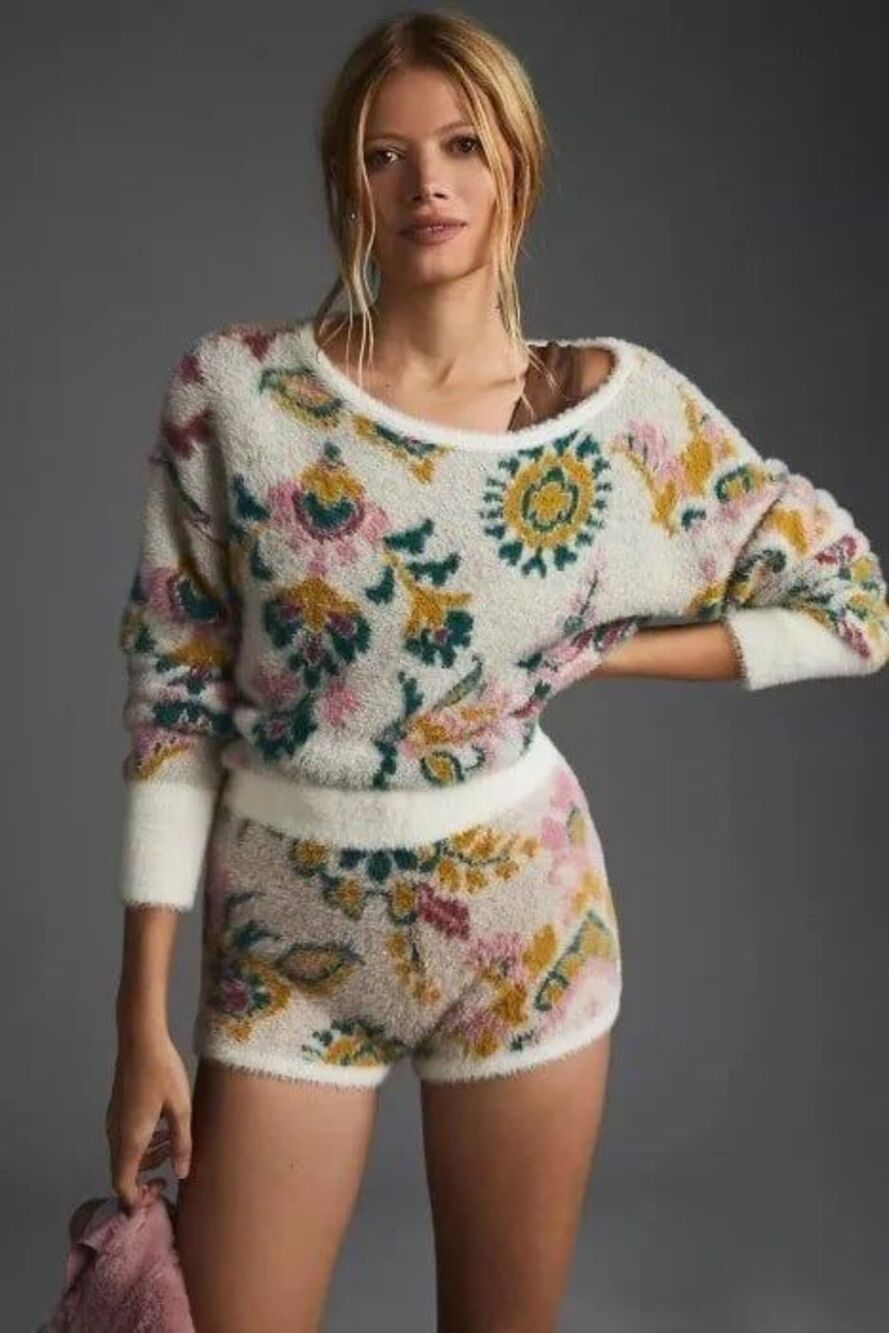 Anthropologie Daily Practice Fuzzy Matching Set Open Back Sweater Shorts Lounge